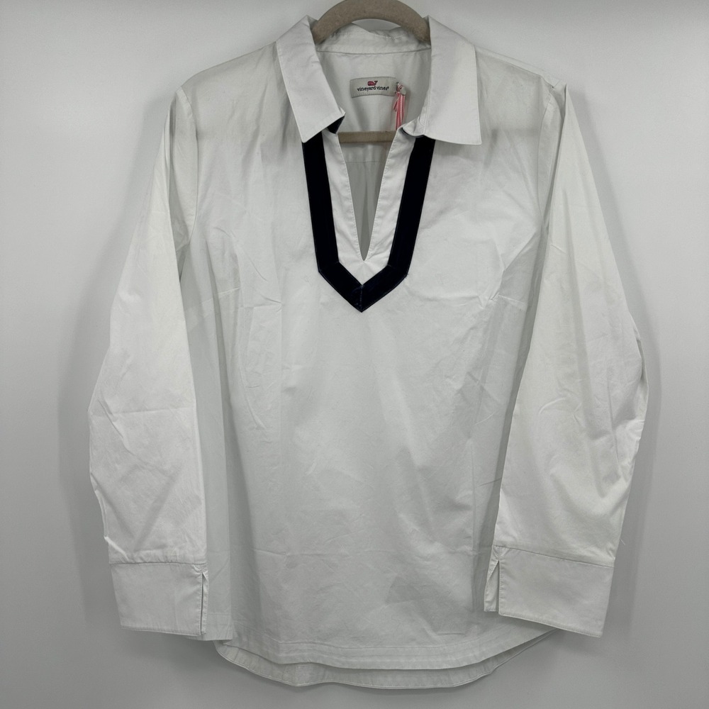 Vineyard‎ Vines Womens White Cap Velvet Trim Popover Blouse Medium Coastal Crisp